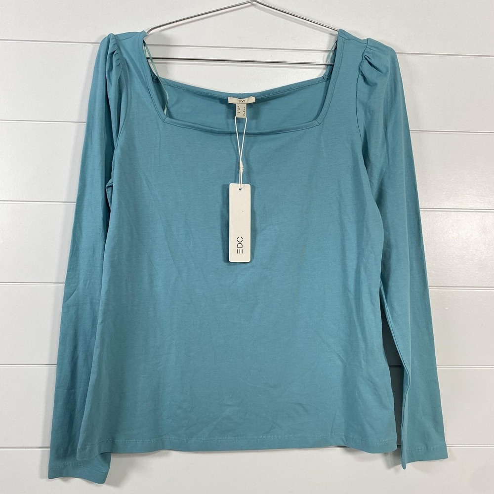 EDC‎ By Esprit Shirt Womens XL Blue Organic Cotton Long Sleeve Square Neck NWT